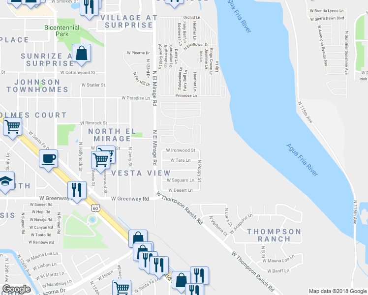 map of restaurants, bars, coffee shops, grocery stores, and more near 12134 West Ironwood Street in El Mirage