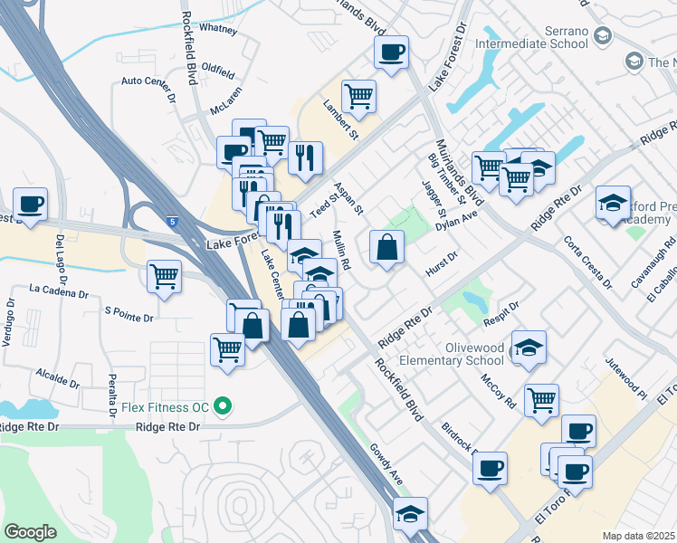 map of restaurants, bars, coffee shops, grocery stores, and more near 23861 Candor Lane in Lake Forest