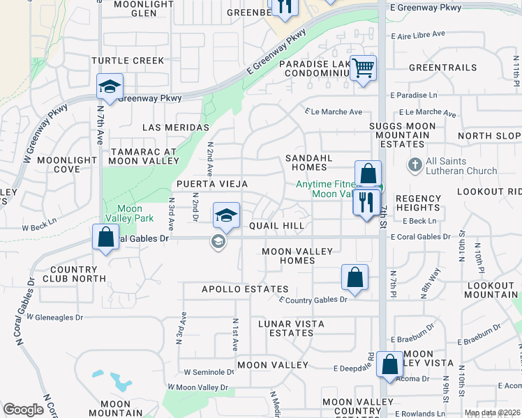 map of restaurants, bars, coffee shops, grocery stores, and more near 15438 North 1st Place in Phoenix