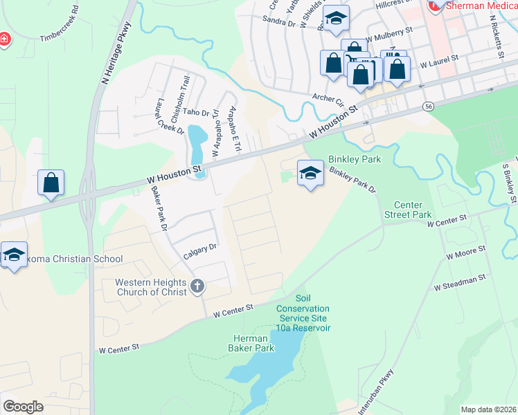 map of restaurants, bars, coffee shops, grocery stores, and more near 2310 West Houston Street in Sherman