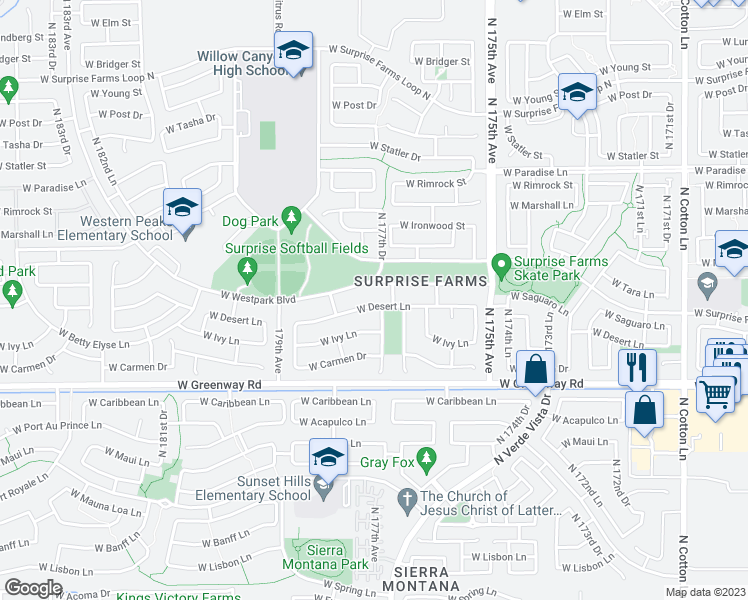map of restaurants, bars, coffee shops, grocery stores, and more near 17738 West Desert Lane in Surprise
