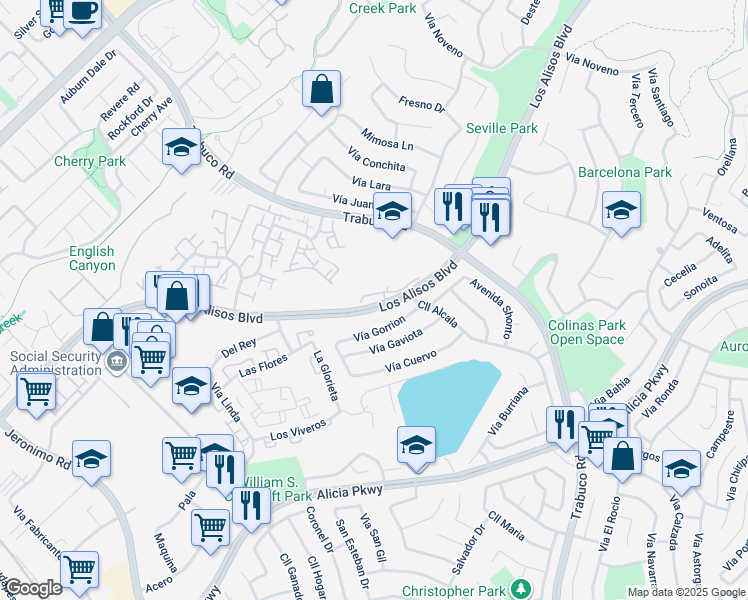 map of restaurants, bars, coffee shops, grocery stores, and more near 26428 Via Damasco in Mission Viejo