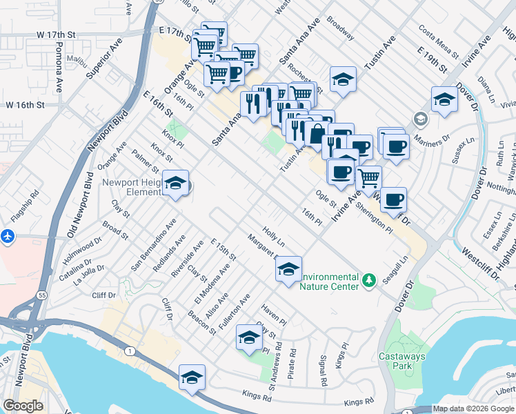 map of restaurants, bars, coffee shops, grocery stores, and more near 738 Tustin Avenue in Newport Beach