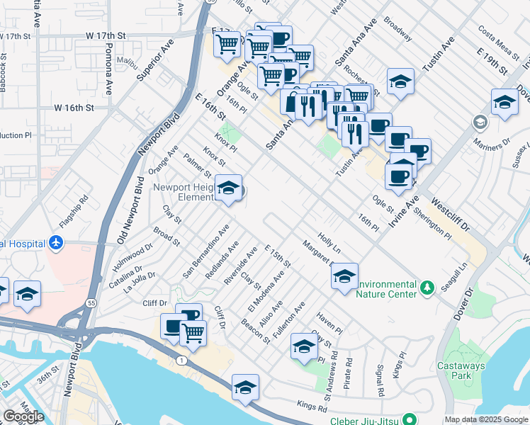 map of restaurants, bars, coffee shops, grocery stores, and more near 365 La Perle Lane in Costa Mesa