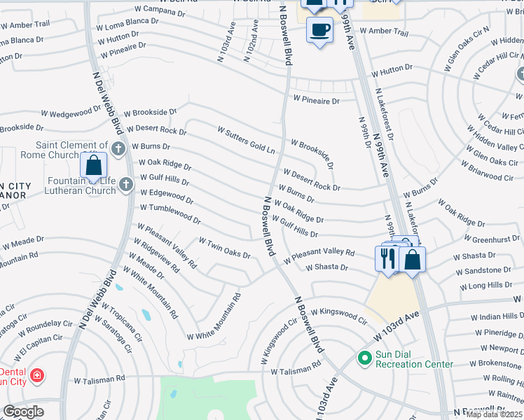 map of restaurants, bars, coffee shops, grocery stores, and more near 10202 West Gulf Hills Drive in Sun City