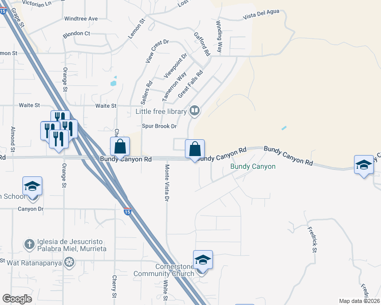 map of restaurants, bars, coffee shops, grocery stores, and more near 33988 Canyon Ranch Road in Wildomar