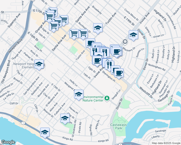 map of restaurants, bars, coffee shops, grocery stores, and more near 1637 Irvine Avenue in Costa Mesa