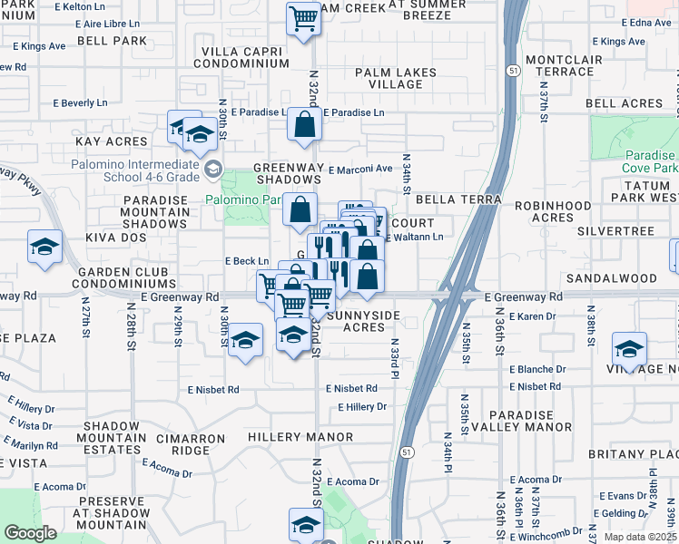 map of restaurants, bars, coffee shops, grocery stores, and more near 3222 East Greenway Road in Phoenix