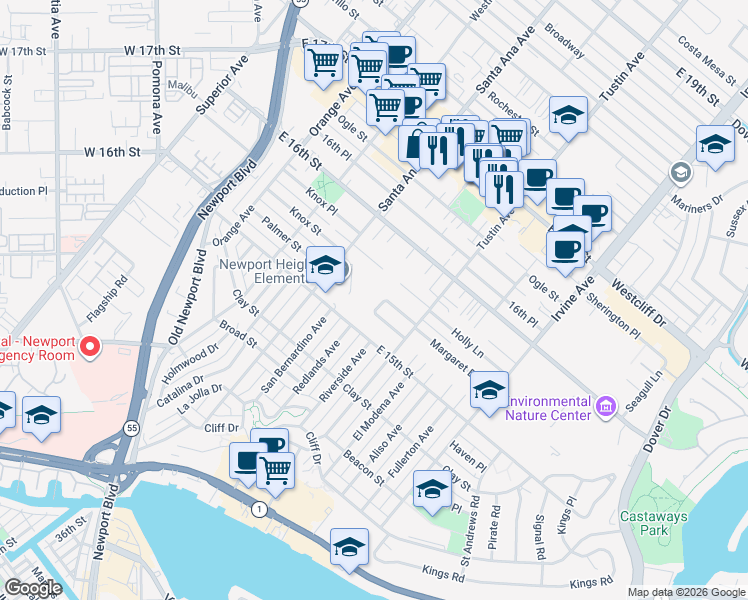 map of restaurants, bars, coffee shops, grocery stores, and more near in Costa Mesa