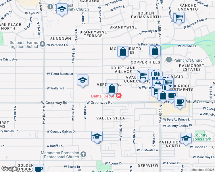 map of restaurants, bars, coffee shops, grocery stores, and more near 3834 West Waltann Lane in Phoenix