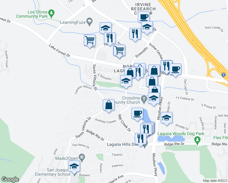 map of restaurants, bars, coffee shops, grocery stores, and more near 22505 Caminito Grande in Laguna Hills