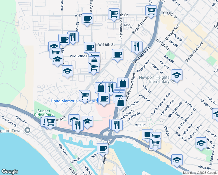 map of restaurants, bars, coffee shops, grocery stores, and more near 4138 Patrice Road in Newport Beach