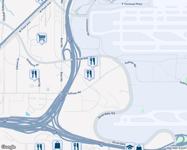 map of restaurants, bars, coffee shops, grocery stores, and more near 1899 Sullivan Road in Atlanta