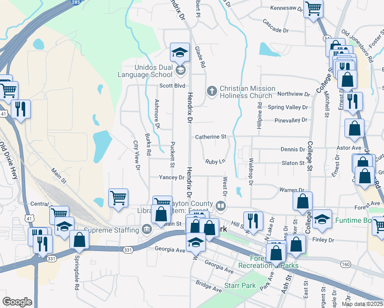 map of restaurants, bars, coffee shops, grocery stores, and more near 4672 Hendrix Dr in Forest Park