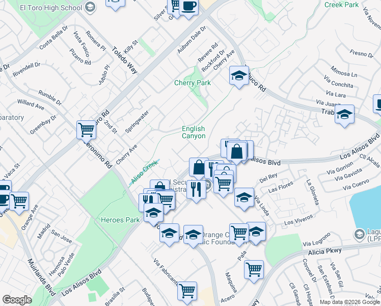 map of restaurants, bars, coffee shops, grocery stores, and more near 23151 Los Alisos Boulevard in Mission Viejo