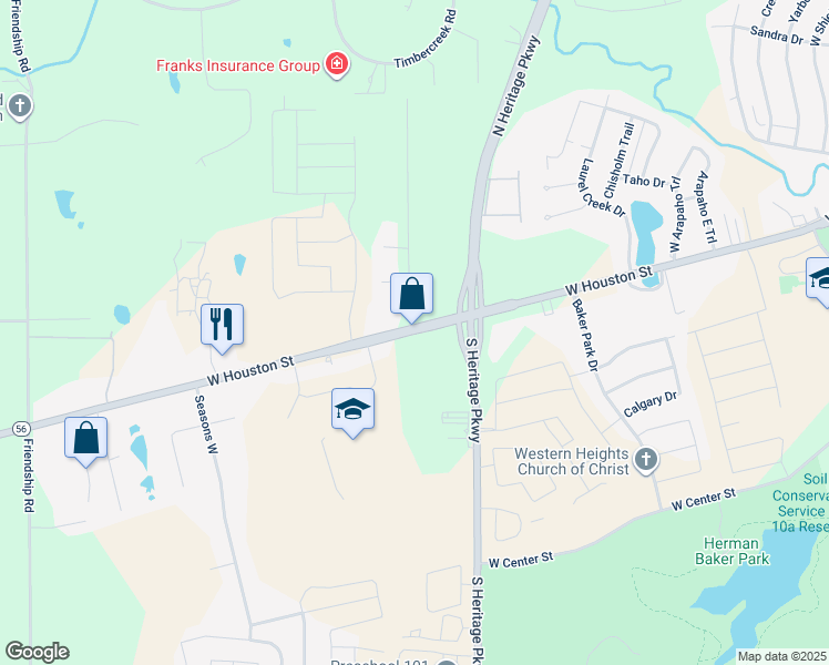 map of restaurants, bars, coffee shops, grocery stores, and more near 10924 West Houston Street in Sherman