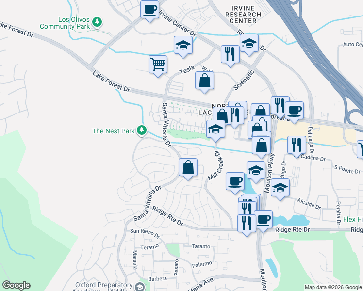 map of restaurants, bars, coffee shops, grocery stores, and more near 22425 Caminito Esteban in Laguna Hills