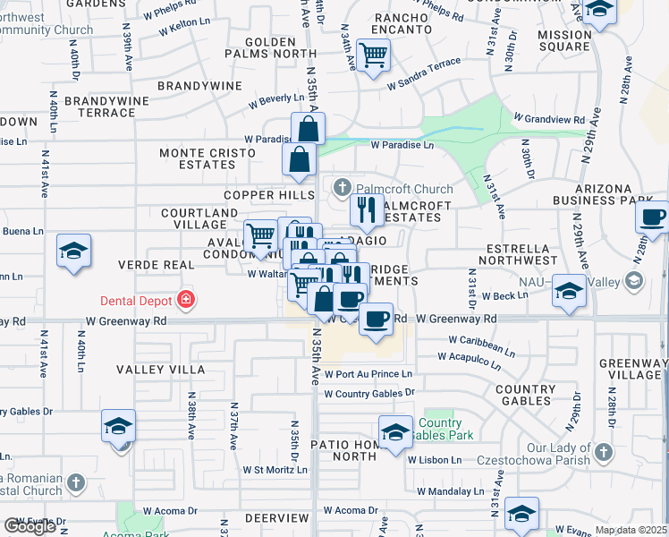 map of restaurants, bars, coffee shops, grocery stores, and more near 15615 North 35th Avenue in Phoenix