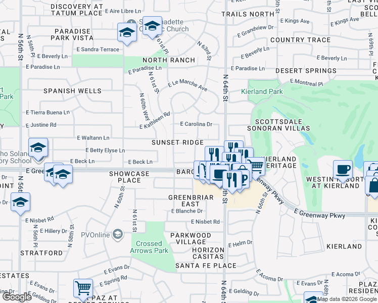 map of restaurants, bars, coffee shops, grocery stores, and more near 6225 East Betty Elyse Lane in Scottsdale
