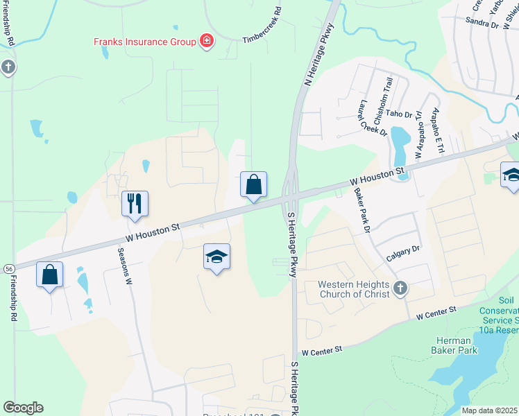 map of restaurants, bars, coffee shops, grocery stores, and more near 11220 West Houston Street in Sherman