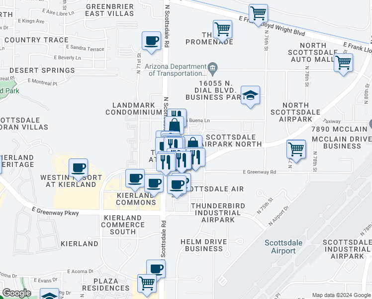 map of restaurants, bars, coffee shops, grocery stores, and more near 1544 North Greenway Hayden Loop in Scottsdale