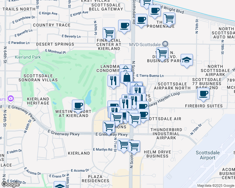 map of restaurants, bars, coffee shops, grocery stores, and more near 7140 East Kierland Boulevard in Scottsdale