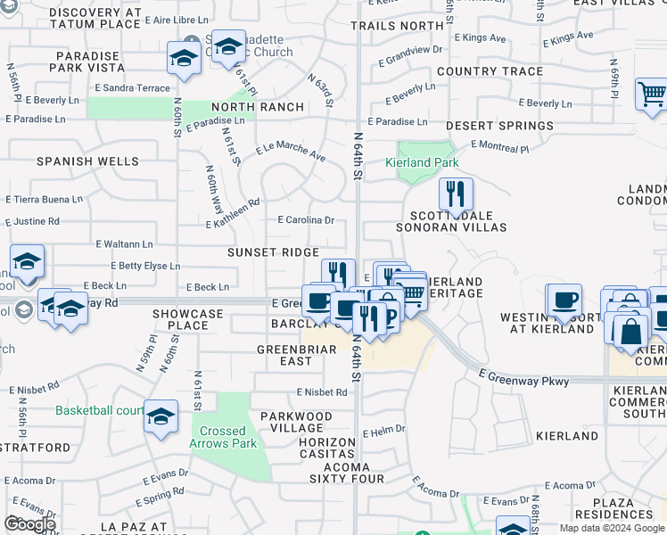 map of restaurants, bars, coffee shops, grocery stores, and more near 15436 North 64th Street in Scottsdale