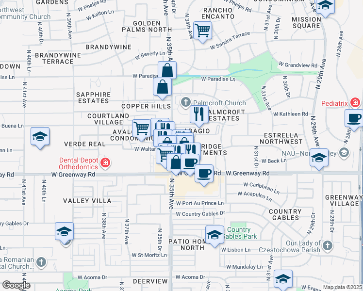 map of restaurants, bars, coffee shops, grocery stores, and more near 15615 North 35th Avenue in Phoenix