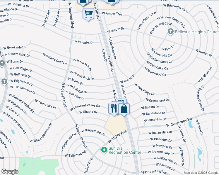 map of restaurants, bars, coffee shops, grocery stores, and more near 9914 West Oak Ridge Drive in Sun City