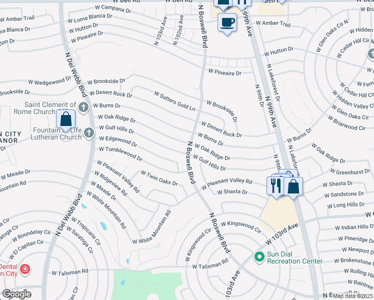 map of restaurants, bars, coffee shops, grocery stores, and more near 10202 West Gulf Hills Drive in Sun City