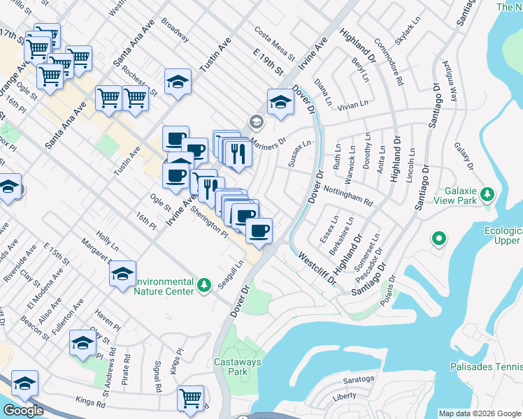 map of restaurants, bars, coffee shops, grocery stores, and more near 1616 Bedford Lane in Newport Beach