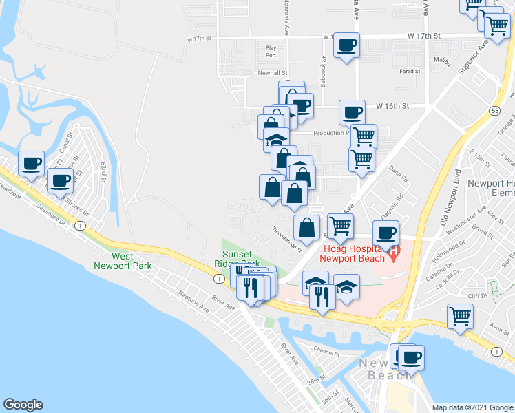 map of restaurants, bars, coffee shops, grocery stores, and more near 18 Robon Court in Newport Beach