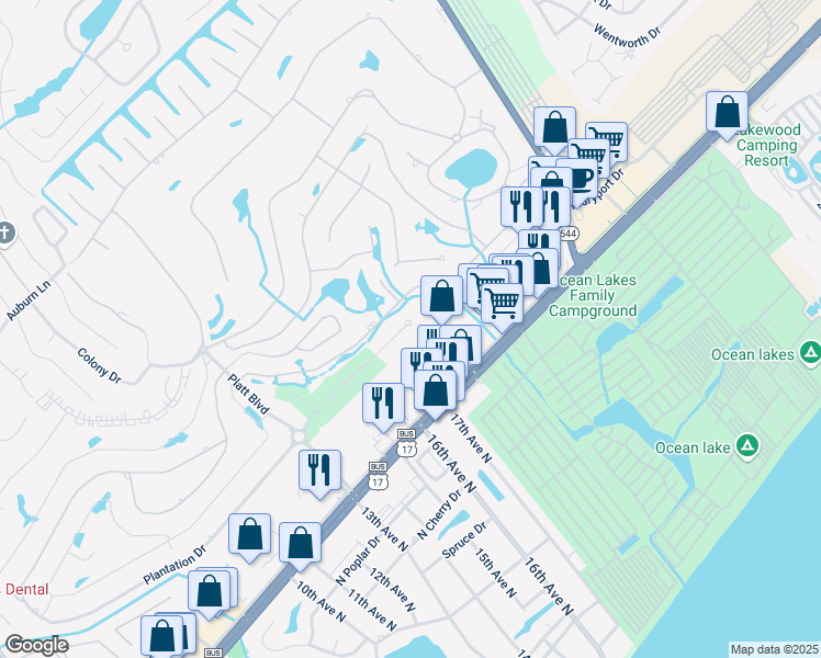 map of restaurants, bars, coffee shops, grocery stores, and more near 1706 Fawn Vista Drive North in Myrtle Beach