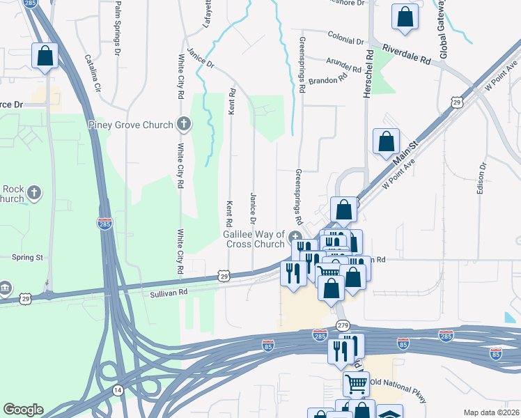 map of restaurants, bars, coffee shops, grocery stores, and more near 4725 Winthrop Drive in College Park