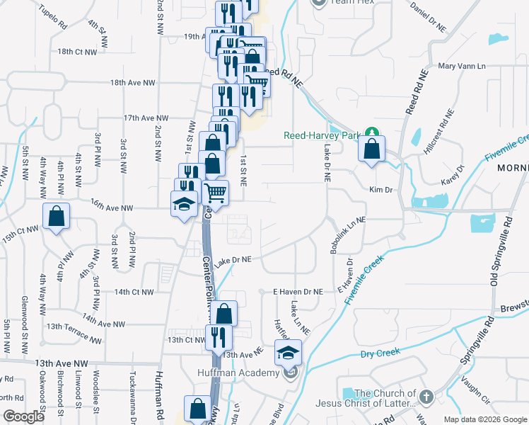 map of restaurants, bars, coffee shops, grocery stores, and more near 1541 Lake Park Drive in Center Point