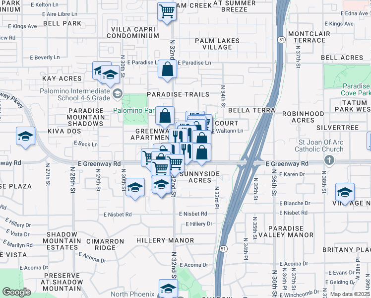 map of restaurants, bars, coffee shops, grocery stores, and more near 3222 East Greenway Road in Phoenix