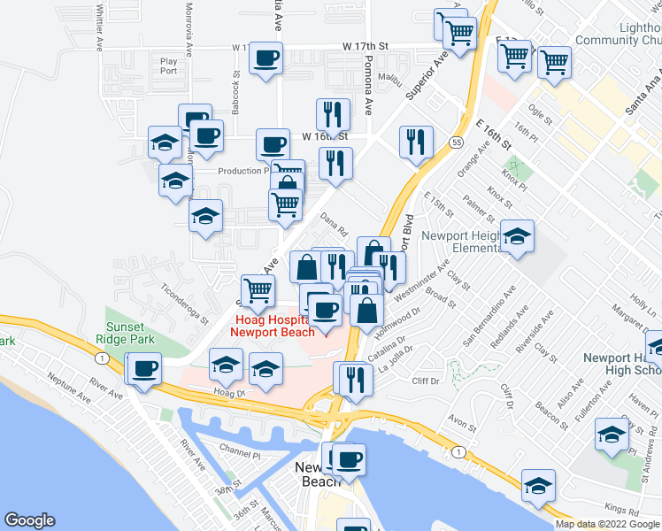 map of restaurants, bars, coffee shops, grocery stores, and more near 4150 Patrice Road in Newport Beach