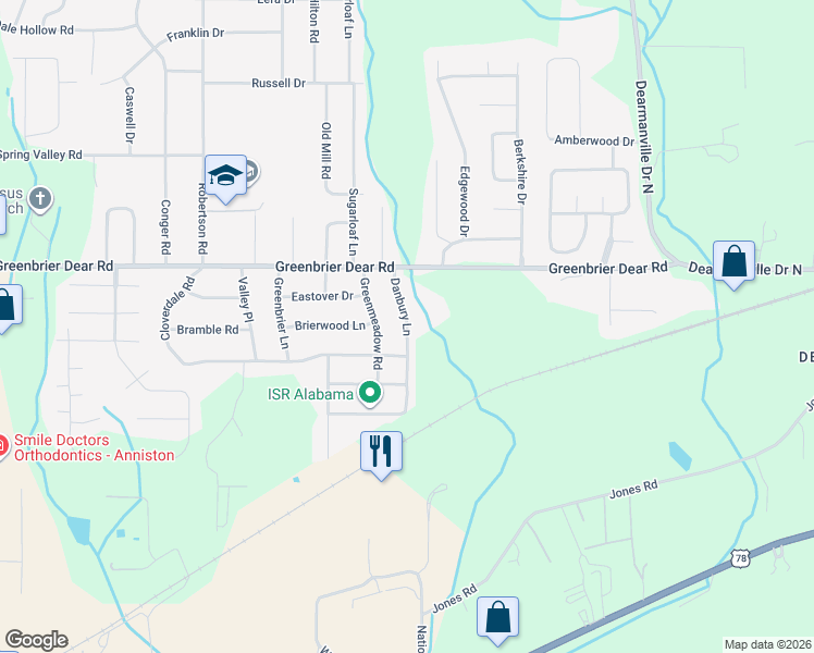 map of restaurants, bars, coffee shops, grocery stores, and more near 1425 Danbury Lane in Anniston
