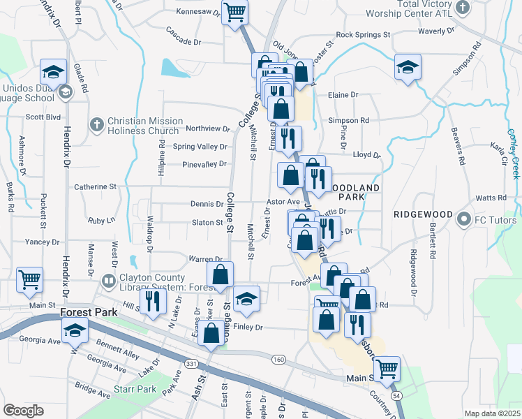 map of restaurants, bars, coffee shops, grocery stores, and more near 4673 Ernest Drive in Forest Park