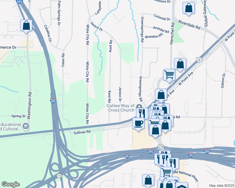map of restaurants, bars, coffee shops, grocery stores, and more near 4715 Janice Drive in Atlanta