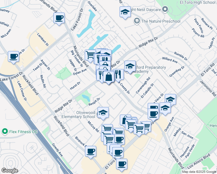map of restaurants, bars, coffee shops, grocery stores, and more near 24432 Muirlands Boulevard in Lake Forest