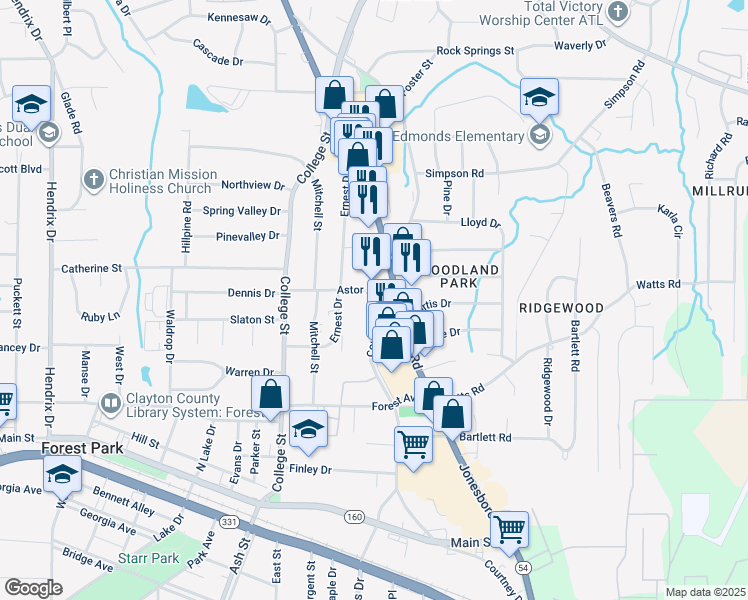map of restaurants, bars, coffee shops, grocery stores, and more near 4671 Courtney Drive in Forest Park