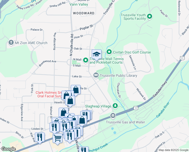map of restaurants, bars, coffee shops, grocery stores, and more near 301 Parkway Drive in Trussville