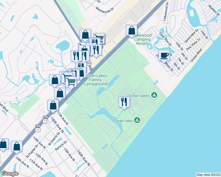 map of restaurants, bars, coffee shops, grocery stores, and more near Q-40 Ibis Drive in Myrtle Beach