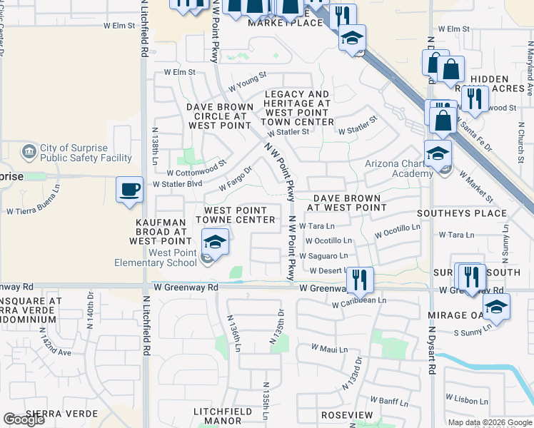 map of restaurants, bars, coffee shops, grocery stores, and more near 13562 West Tara Lane in Surprise