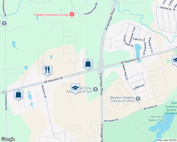 map of restaurants, bars, coffee shops, grocery stores, and more near 10920 West Houston Street in Sherman