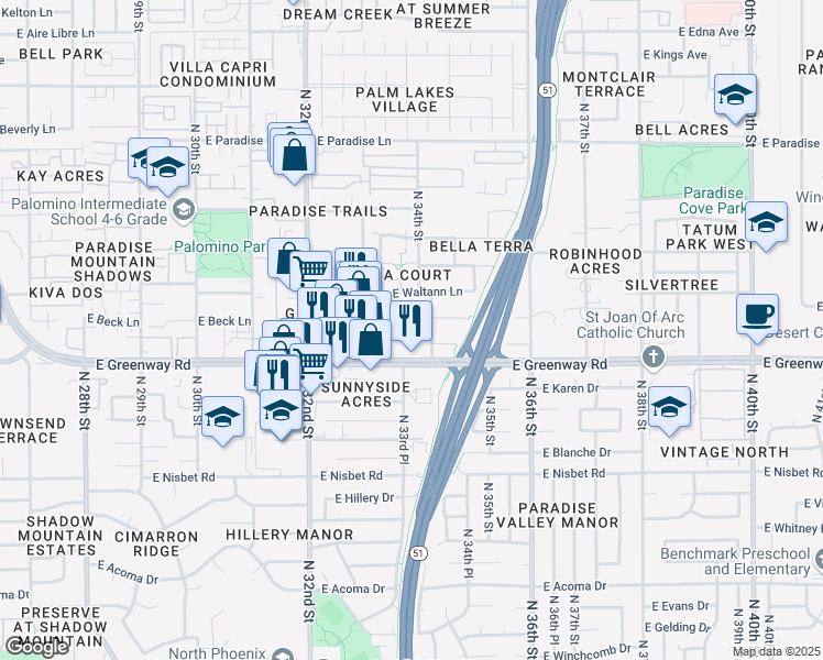 map of restaurants, bars, coffee shops, grocery stores, and more near 3342 East Greenway Road in Phoenix