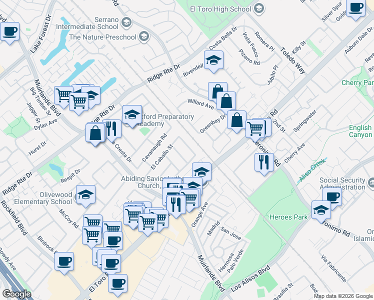 map of restaurants, bars, coffee shops, grocery stores, and more near 24842 Calle El Toro Grande in Lake Forest