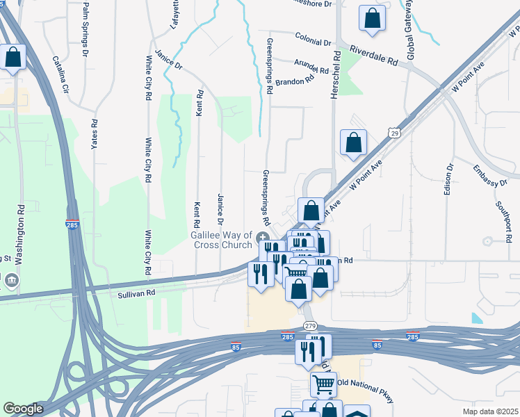 map of restaurants, bars, coffee shops, grocery stores, and more near 4715 Greensprings Road in College Park