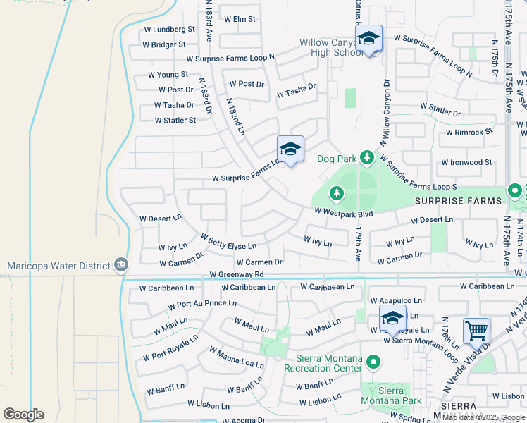 map of restaurants, bars, coffee shops, grocery stores, and more near 18176 West Desert Lane in Surprise